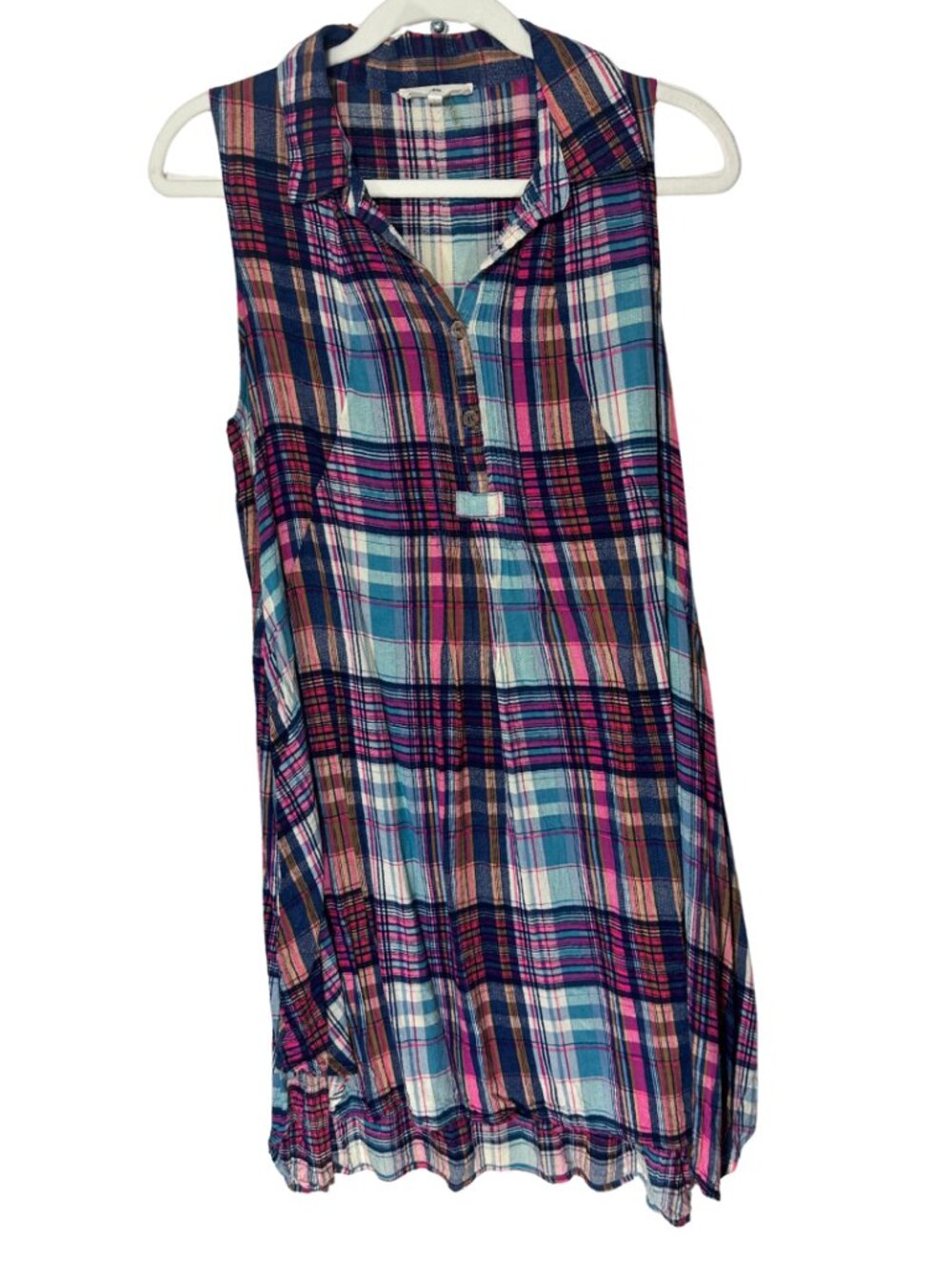 Entro Sleeveless Plaid Button‑Front Dress with Pockets — Size Large